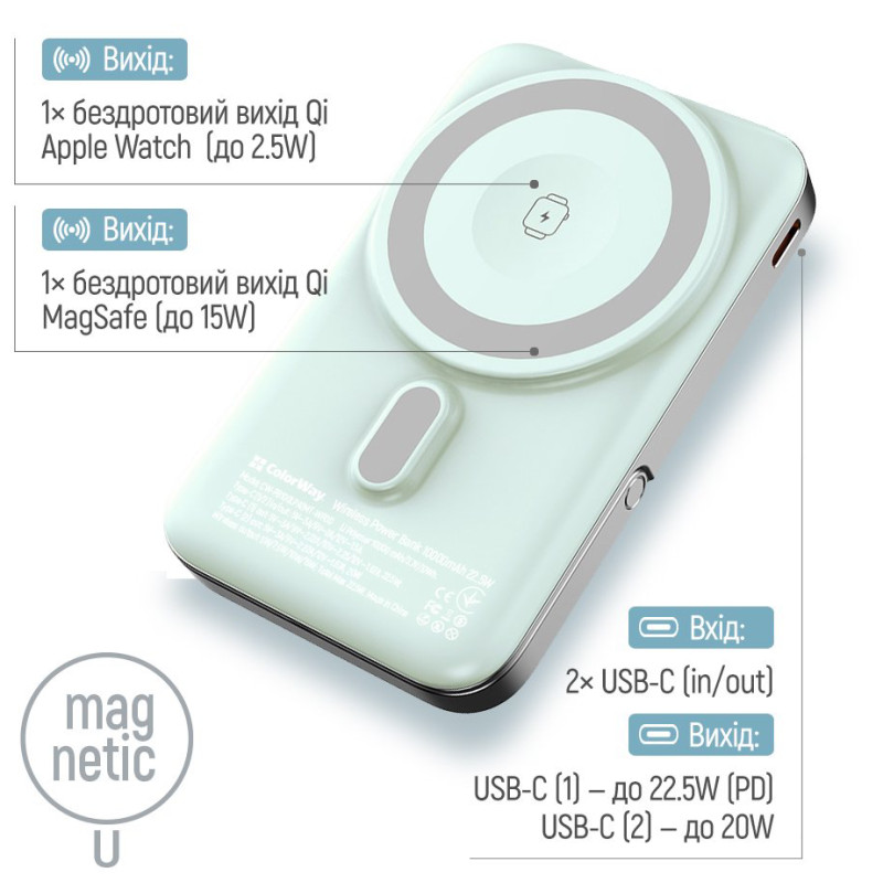 Портативний зарядний пристрій (павербанк) ColorWay 10000mAh 22.5W MagSafe Aquamarine (CW-PB100LPA2MT-WPDD)