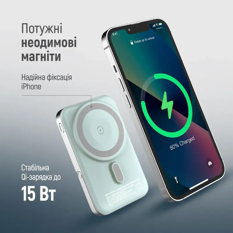Портативний зарядний пристрій (павербанк) ColorWay 10000mAh 22.5W MagSafe Aquamarine (CW-PB100LPA2MT-WPDD)