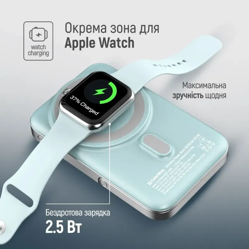 Портативний зарядний пристрій (павербанк) ColorWay 10000mAh 22.5W MagSafe Aquamarine (CW-PB100LPA2MT-WPDD)