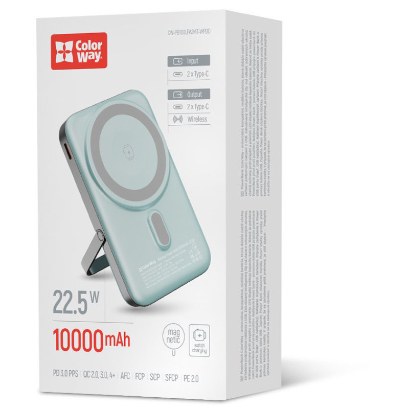Портативний зарядний пристрій (павербанк) ColorWay 10000mAh 22.5W MagSafe Aquamarine (CW-PB100LPA2MT-WPDD)