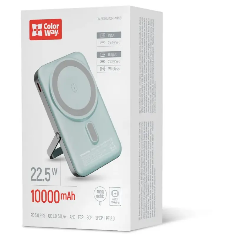 Портативний зарядний пристрій (павербанк) ColorWay 10000mAh 22.5W MagSafe Aquamarine (CW-PB100LPA2MT-WPDD)