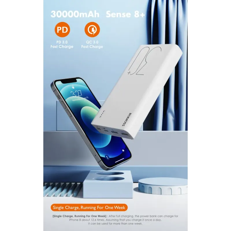 Портативное зарядное устройство (павербанк) Romoss 30000mah Sense8+ White (PHP30-401-02)