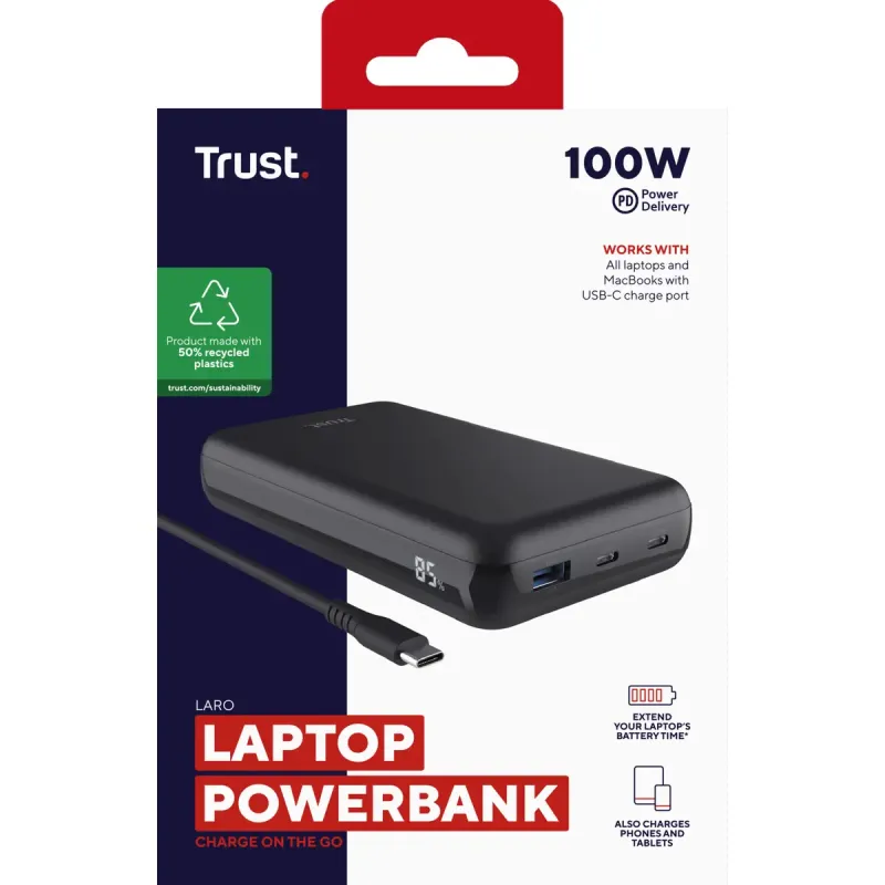 Портативний зарядний пристрій (павербанк) Trust Laro 20000mAh 100W Black (25240)