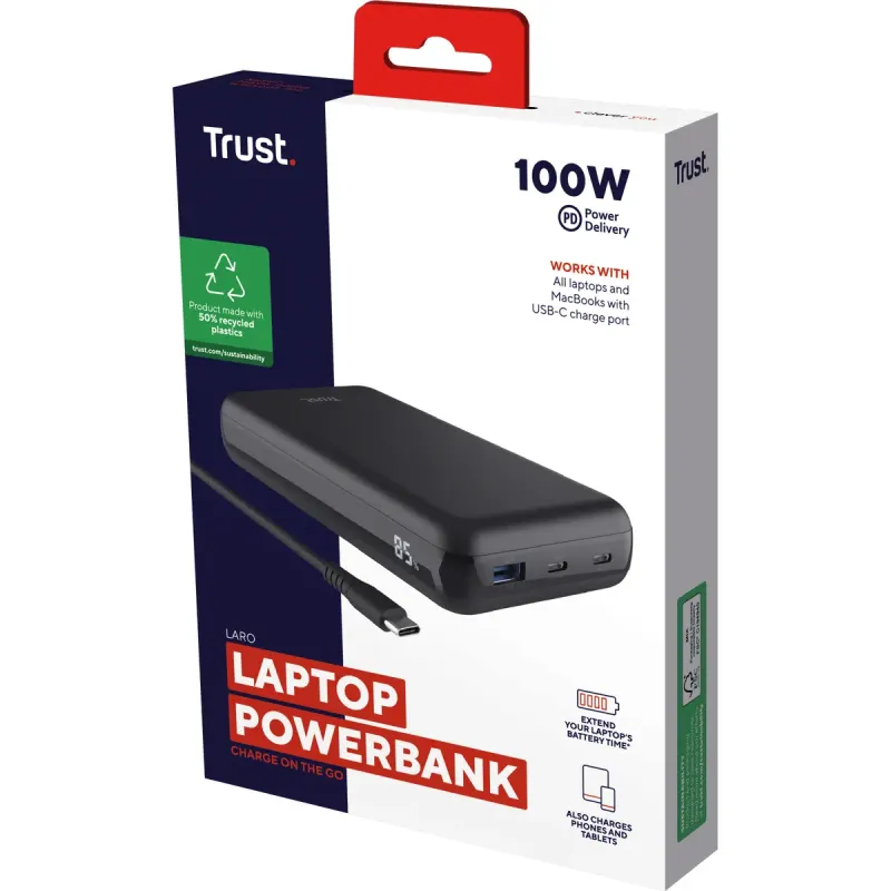 Портативний зарядний пристрій (павербанк) Trust Laro 20000mAh 100W Black (25240)