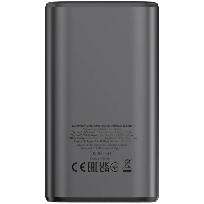 Портативний зарядний пристрій (павербанк) Canyon OnPower 130 10000mAh 30W Grey (CNS-CPB130DG)