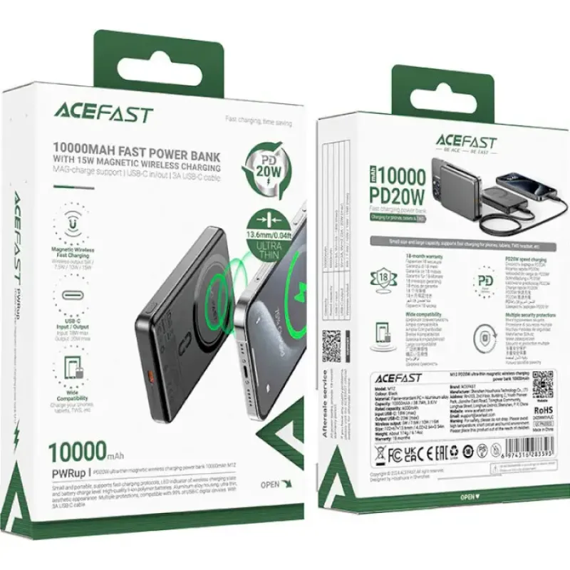 Портативний зарядний пристрій (павербанк) Acefast M12 10000mAh 20W Black (6974316283393)