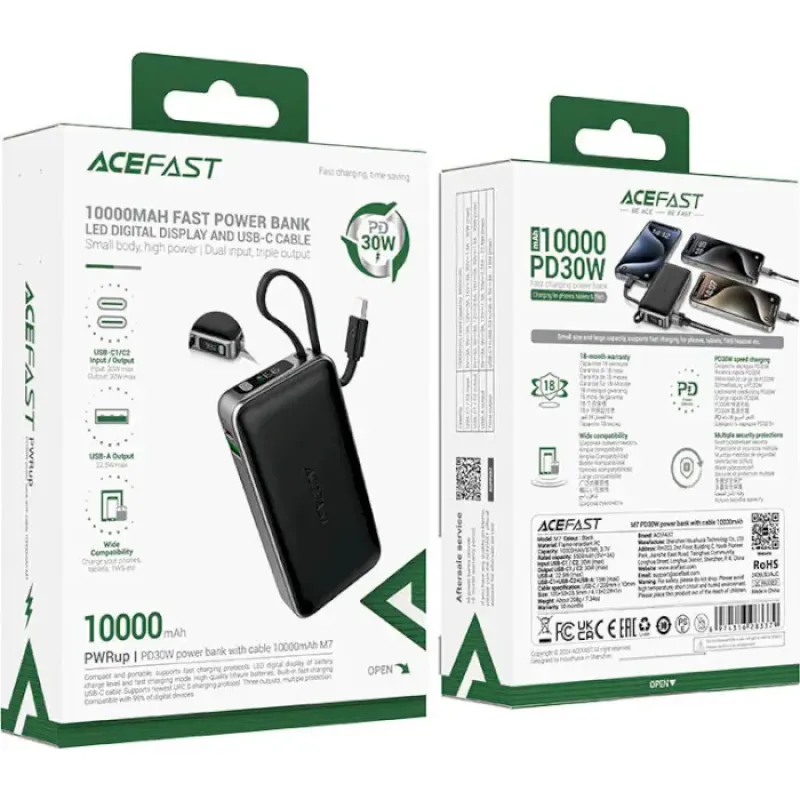 Портативное зарядное устройство (павербанк) Acefast M7 10000mAh 30W Black (6974316283379)