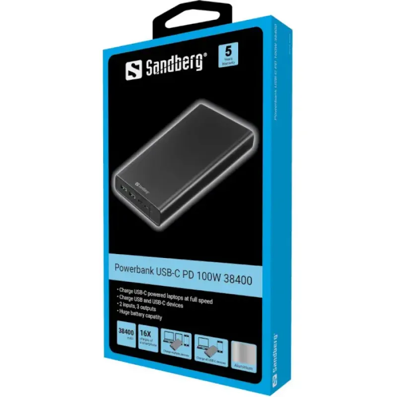 Портативний зарядний пристрій (павербанк) Sandberg PD 100W 5A 38400 mAh, 2хUSB, Type-C OUT (420-63)