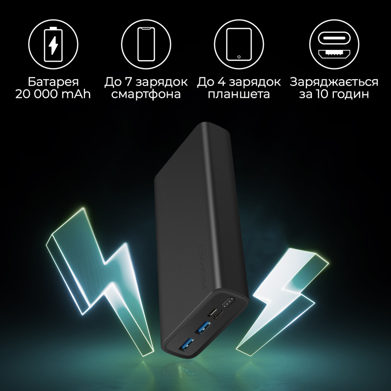 Портативное зарядное устройство (павербанк) Promate Bolt-20 20000 mAh Black (bolt-20.black)