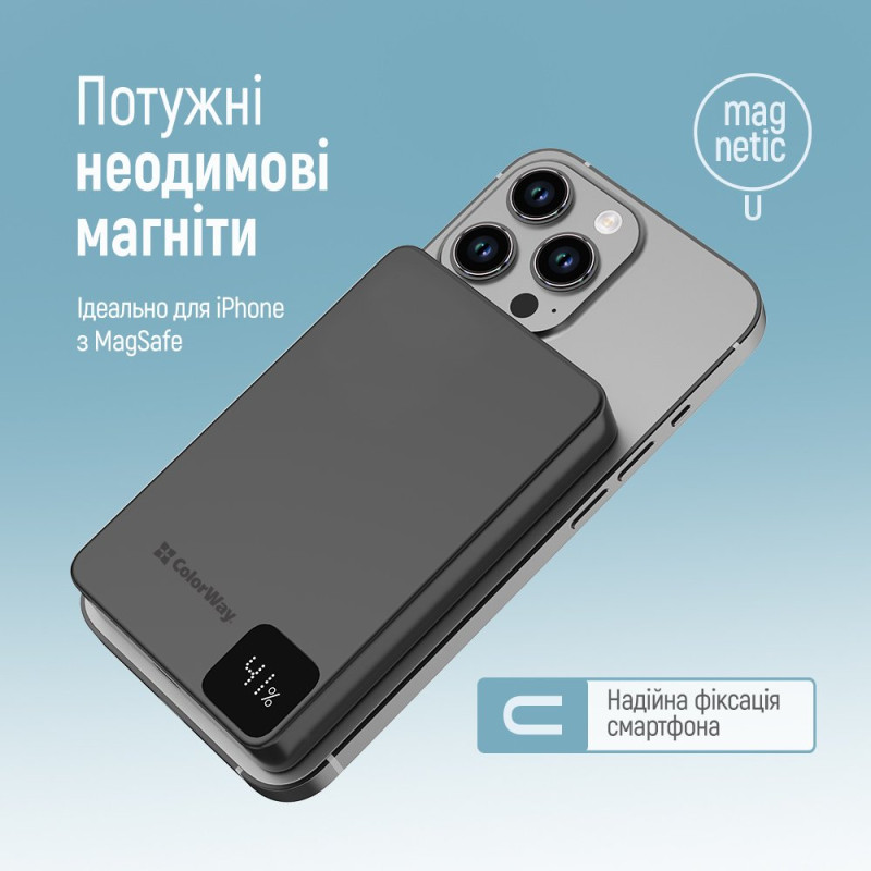 Портативний зарядний пристрій (павербанк) ColorWay 10000mAh 22.5W MagSafe Black (CW-PB100LPA1BK-WPDD)