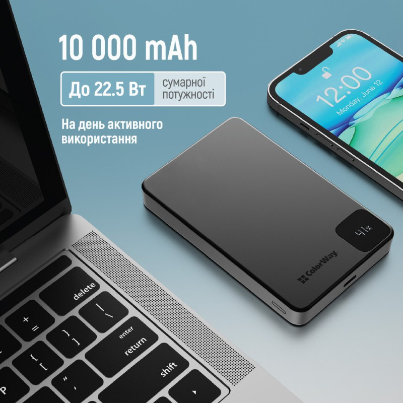 Портативний зарядний пристрій (павербанк) ColorWay 10000mAh 22.5W MagSafe Black (CW-PB100LPA1BK-WPDD)