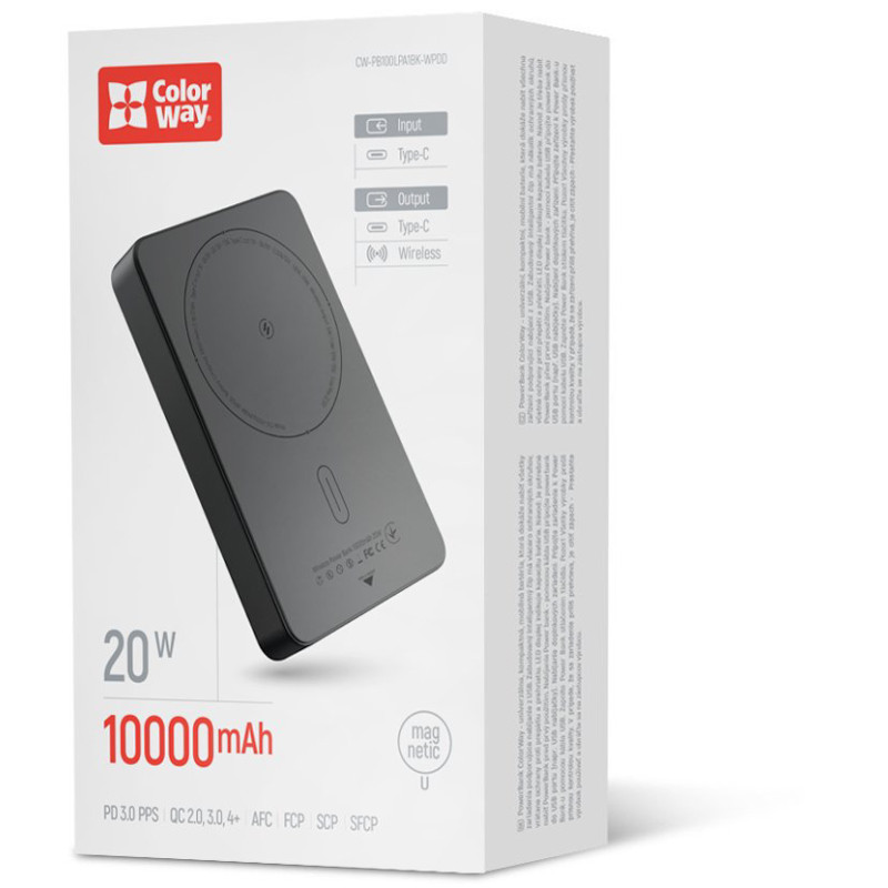 Портативний зарядний пристрій (павербанк) ColorWay 10000mAh 22.5W MagSafe Black (CW-PB100LPA1BK-WPDD)