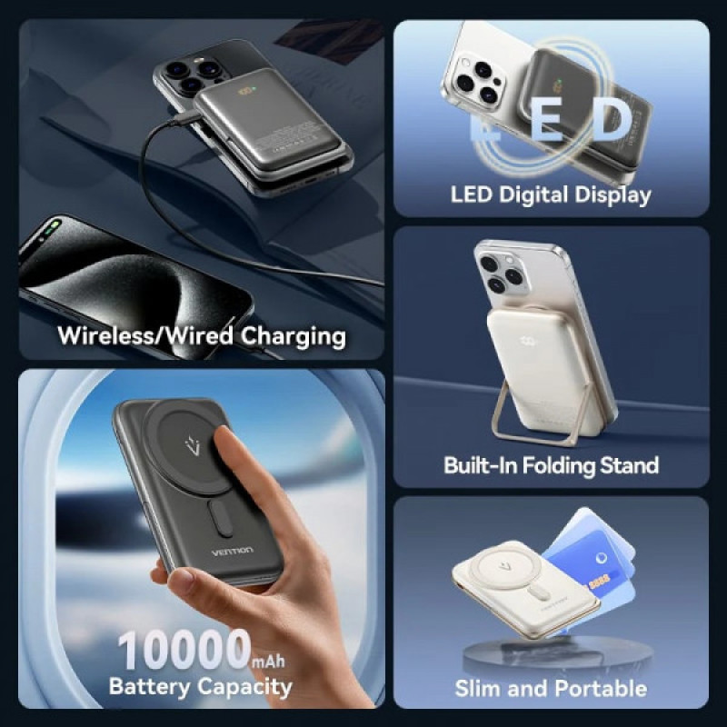 Портативний зарядний пристрій (павербанк) Vention Magnetic Wireless 10000mAh 20W White (FHNW0)