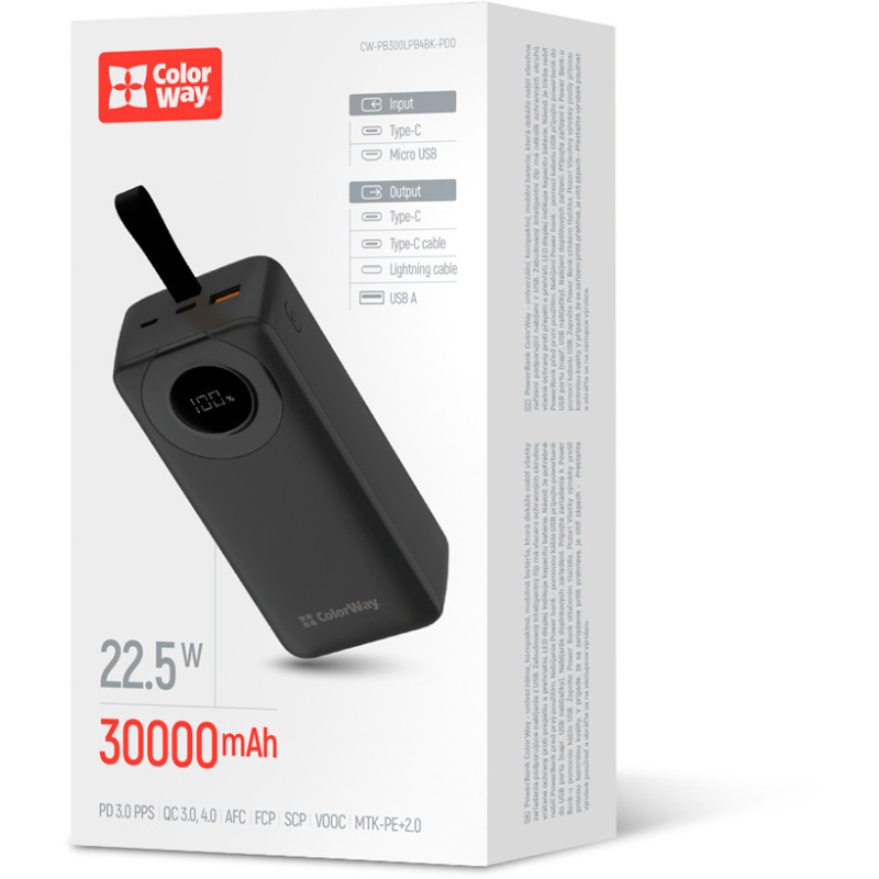 Портативний зарядний пристрій (павербанк) ColorWay EnergyPlus 30000mAh Black (CW-PB300LPB4BK-PDD)