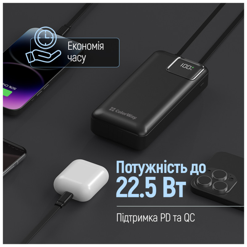 Портативний зарядний пристрій (павербанк) ColorWay 20000mAh Optimal Power Black (CW-PB200LPB5BK-PDD)