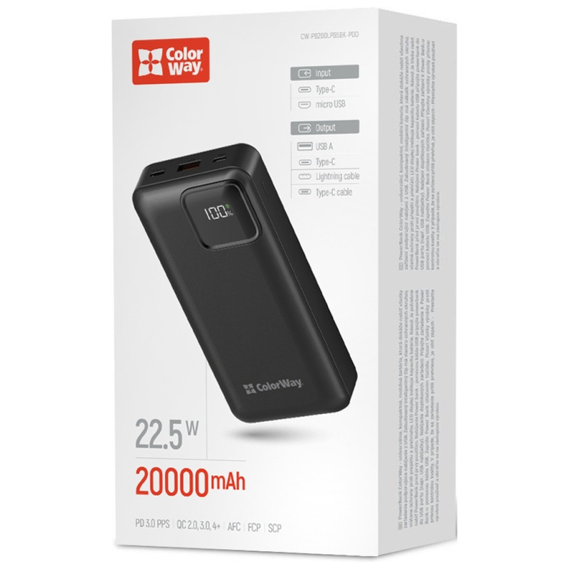 Портативний зарядний пристрій (павербанк) ColorWay 20000mAh Optimal Power Black (CW-PB200LPB5BK-PDD)