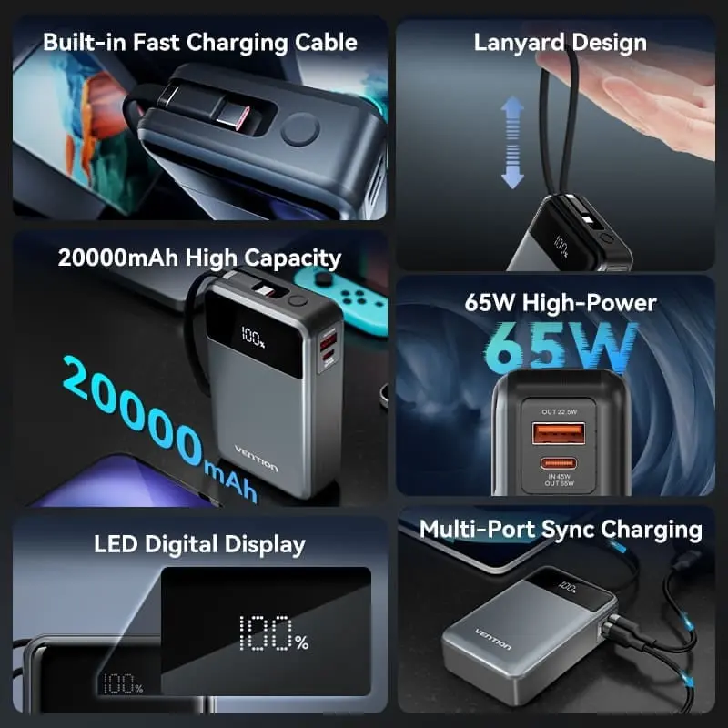 Портативний зарядний пристрій (павербанк) Vention 20000mAh 65W Black (FHYB0)