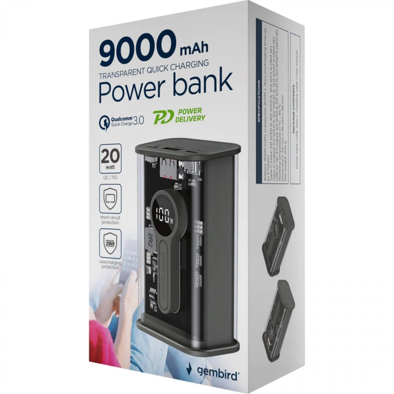 Портативний зарядний пристрій (павербанк) Gembird 9000mAh Black (PB09-TQC3-01)