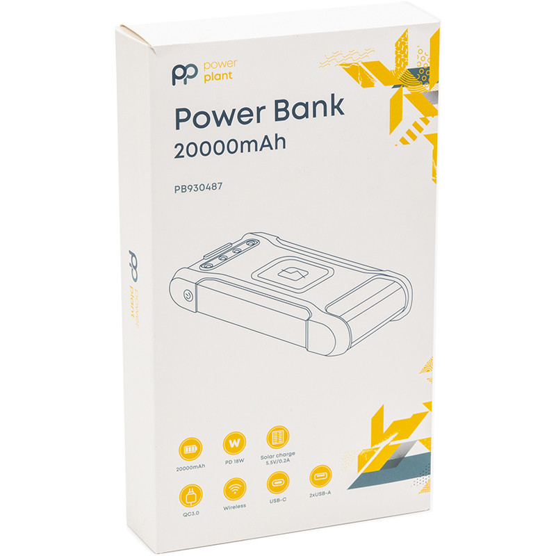 Портативний зарядний пристрій (павербанк) PowerPlant 20000mAh PD/18W QC3.0 USB-C USB-A*2 Wireless Solar panel (PB930487)