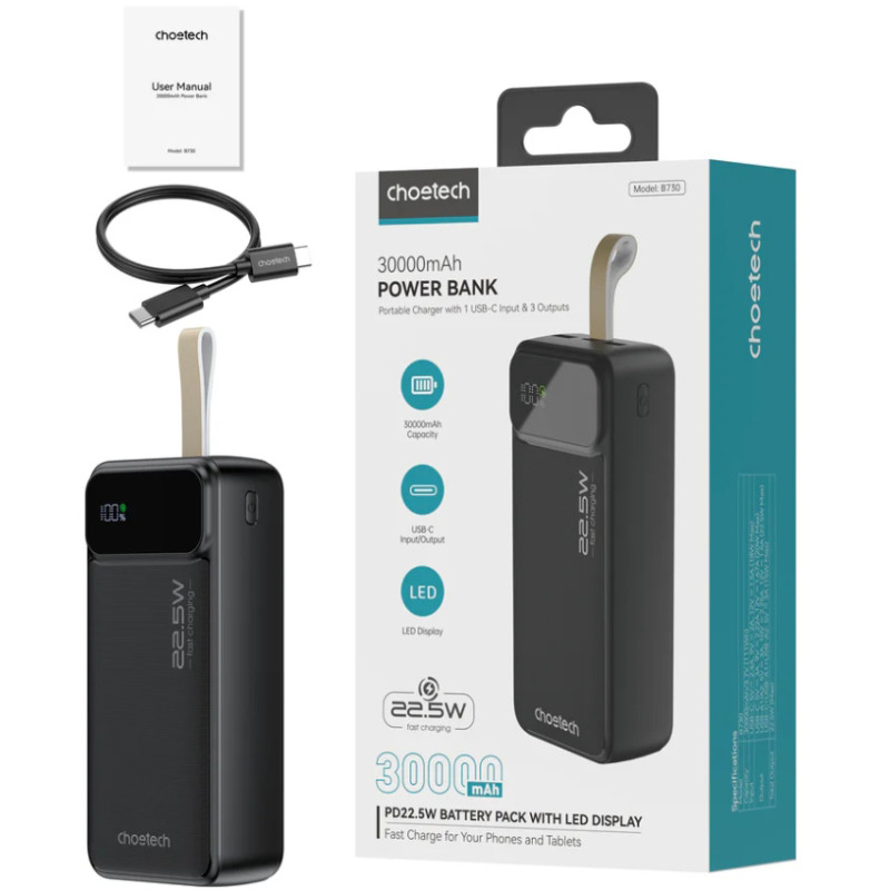 Портативний зарядний пристрій (павербанк) Choetech B730 30000mAh PD 22.5W Black (B730-ACBK)