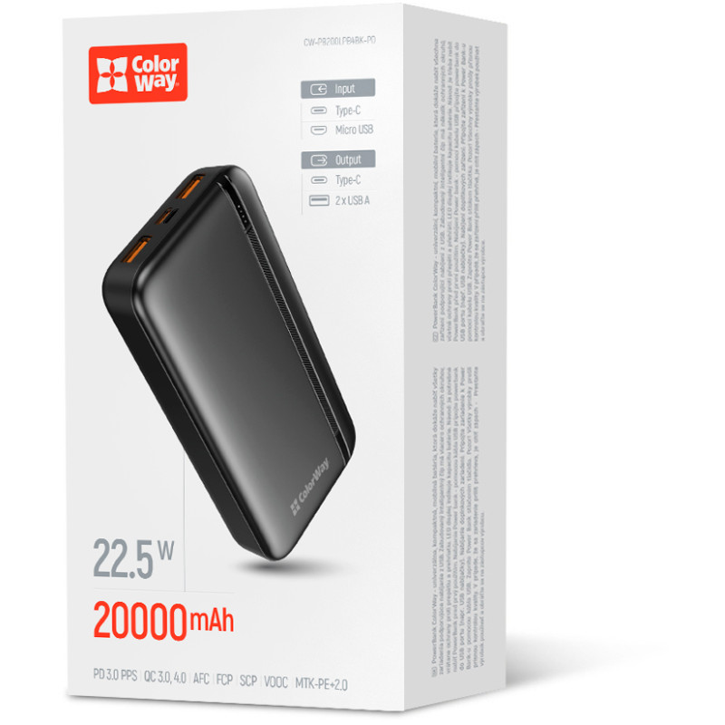 Портативний зарядний пристрій (павербанк) ColorWay 20000mAh 22.5W Black (CW-PB200LPB4BK-PD)