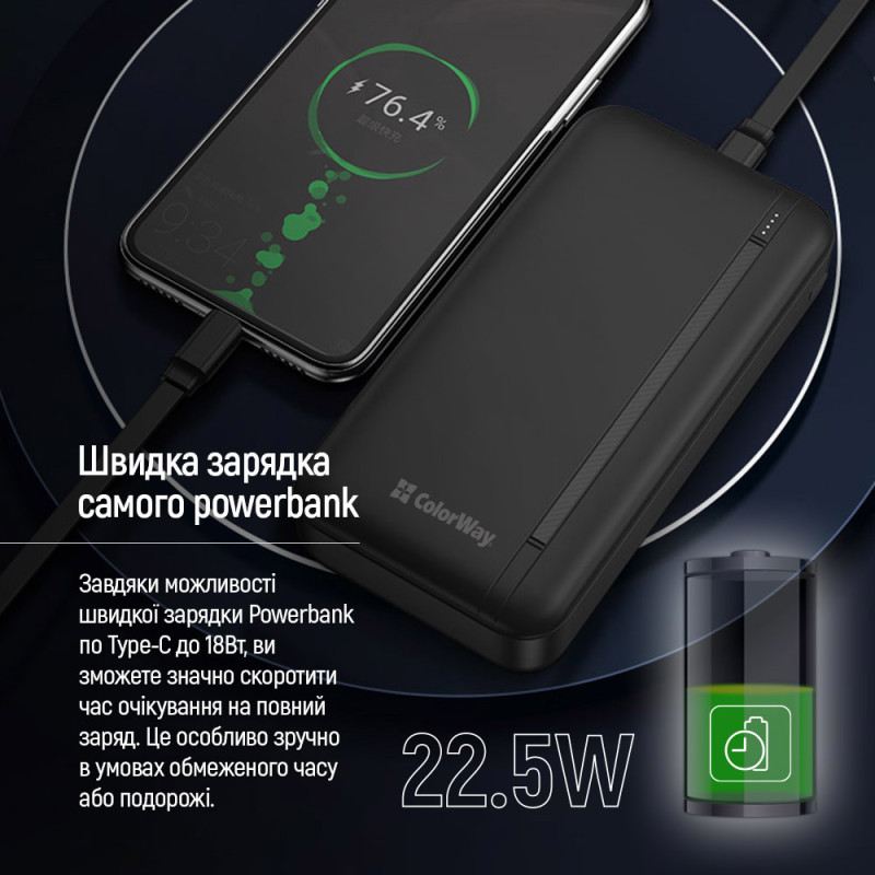 Портативний зарядний пристрій (павербанк) ColorWay 20000mAh 22.5W Black (CW-PB200LPB4BK-PD)