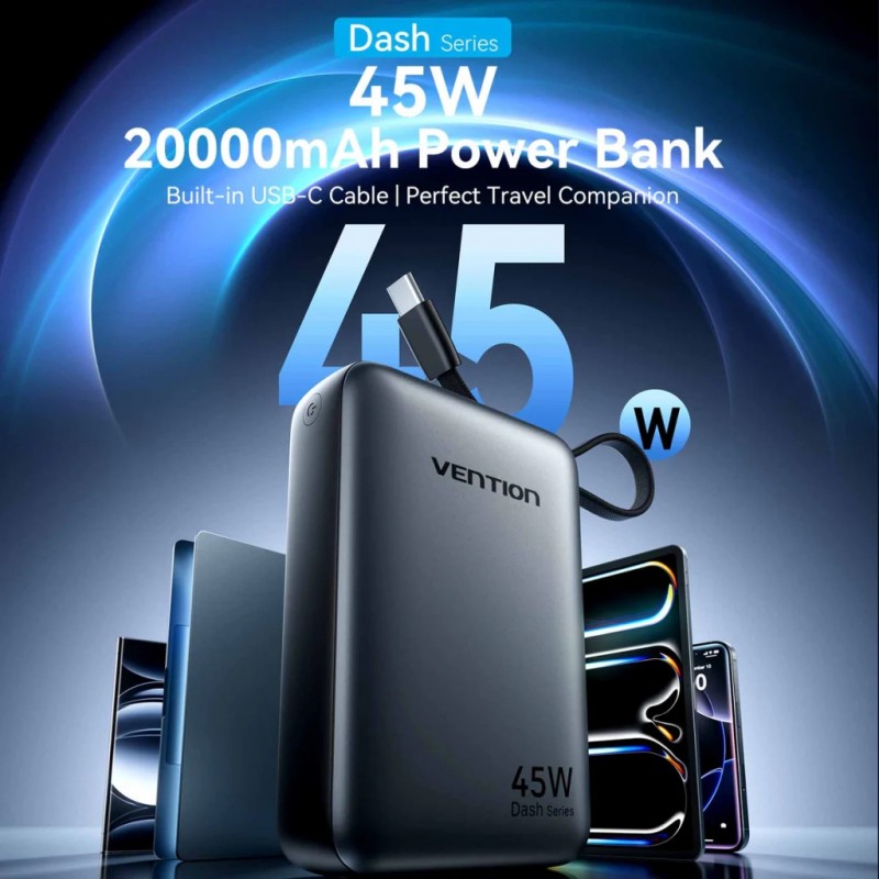Портативний зарядний пристрій (павербанк) Vention 20000mAh 45W Mini with Built-in USB-C Gray (FHGH0)