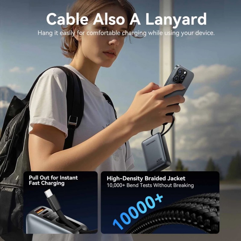Портативний зарядний пристрій (павербанк) Vention 20000mAh 45W Mini with Built-in USB-C Gray (FHGH0)