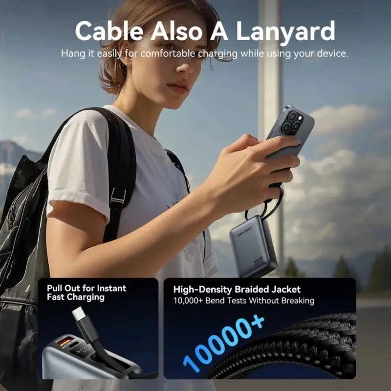 Портативное зарядное устройство (павербанк) Vention 20000mAh 45W Mini with Built-in USB-C Gray (FHGH0)