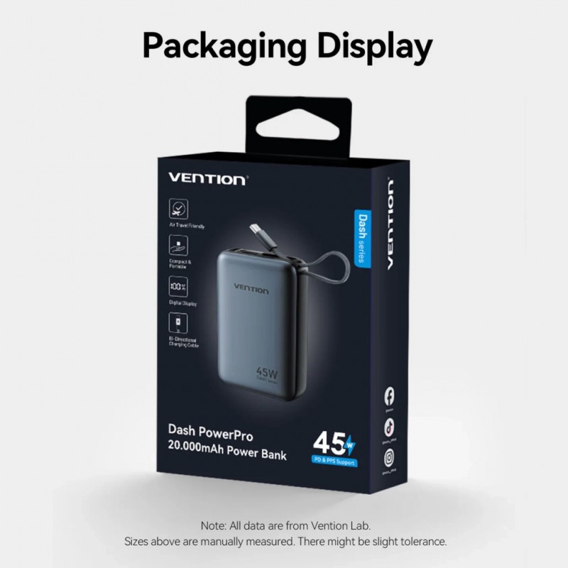 Портативний зарядний пристрій (павербанк) Vention 20000mAh 45W Mini with Built-in USB-C Gray (FHGH0)