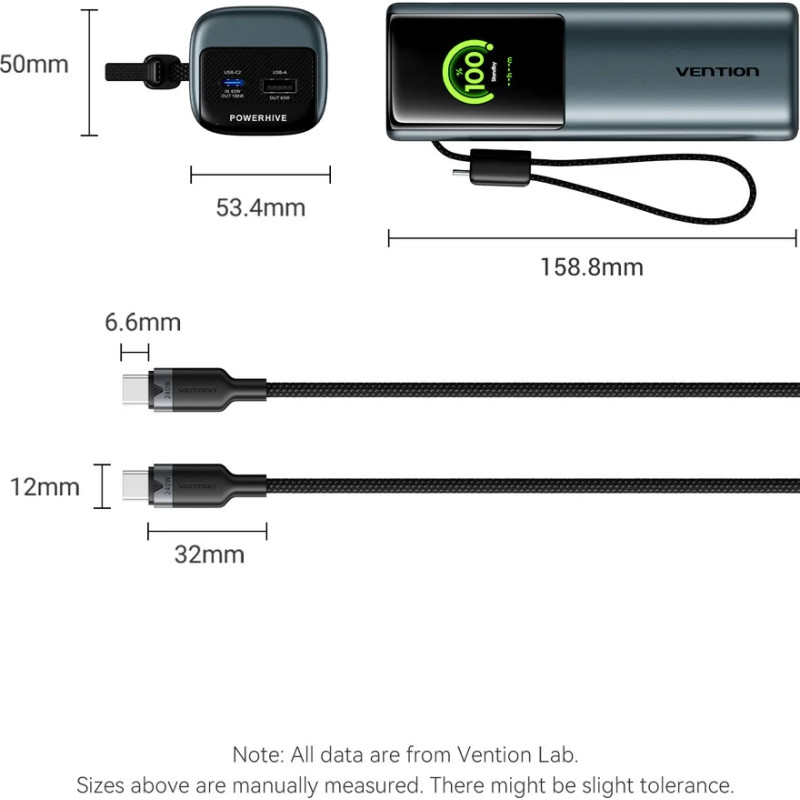 Портативний зарядний пристрій (павербанк) Vention 20000 mAh 165W Gray TFT Display Type (FKFH0)