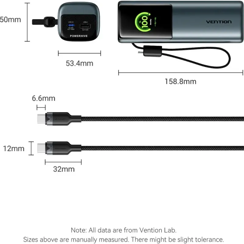 Портативное зарядное устройство (павербанк) Vention 20000 mAh 165W Gray TFT Display Type (FKFH0)