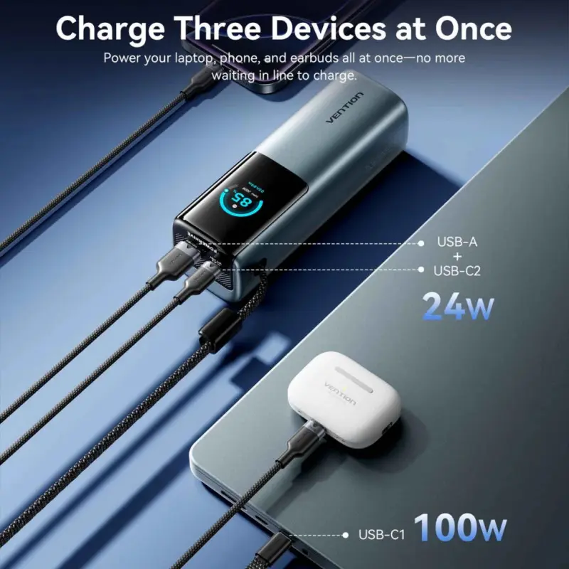 Портативное зарядное устройство (павербанк) Vention 27000 mAh 200W Gray TFT Display Type (FKGH0)