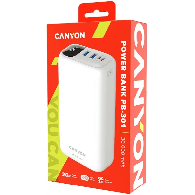 Портативний зарядний пристрій (павербанк) Canyon PB-301 30000mAh PD/20W, QC/3.0 (CNE-CPB301W)