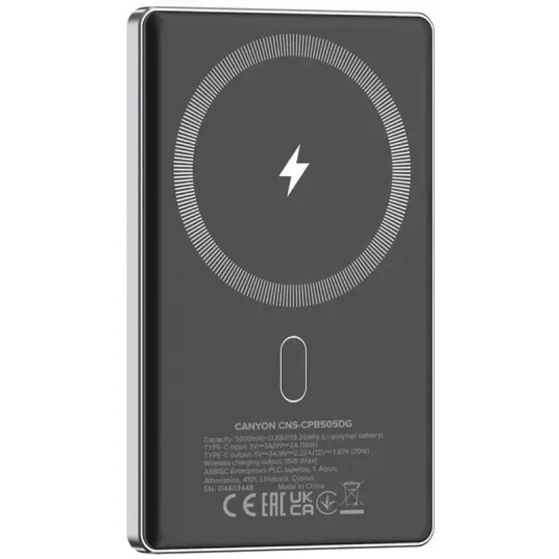 Портативний зарядний пристрій (павербанк) Canyon OnCharge 505 slim 5000mAh 20W Dark Grey (CNS-CPB505DG)