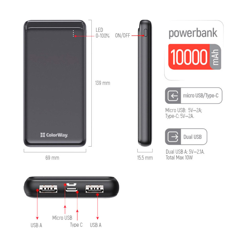ColorWay Slim 10000mAh Black (CW-PB100LPF2BK)