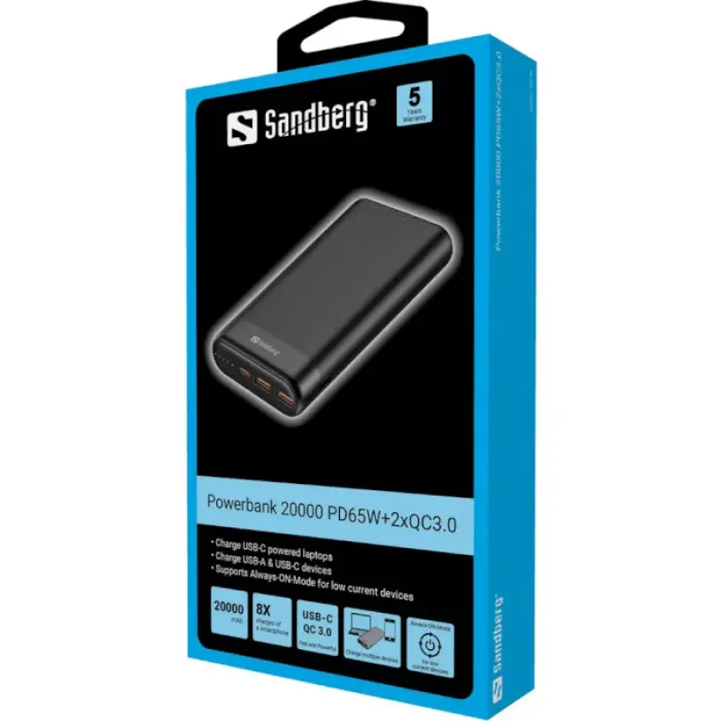 Портативний зарядний пристрій (павербанк) Sandberg PD 65W 3A QC3.0 20000 mAh, USB, 2хType-C OUT (420-62)
