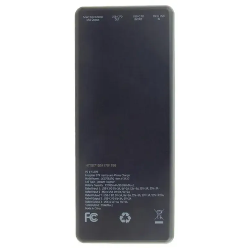 Портативное зарядное устройство (павербанк) Energizer Li-pol 27000mAh 65W Black (UE27062PQ)