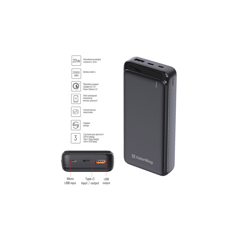 ColorWay Slim 20000mAh Black (CW-PB200LPG3BK-PD)