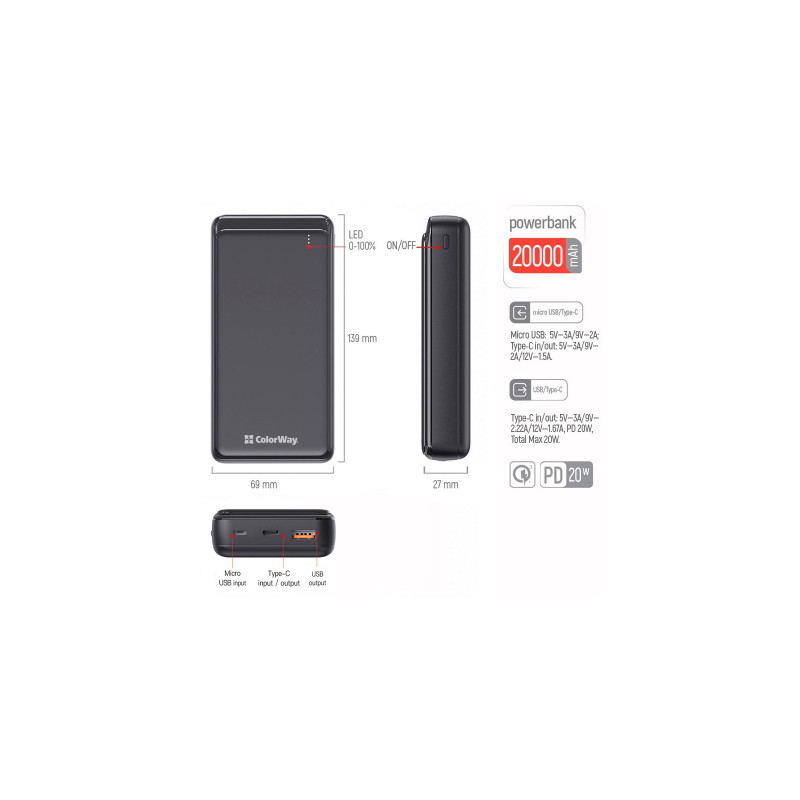 ColorWay Slim 20000mAh Black (CW-PB200LPG3BK-PD)