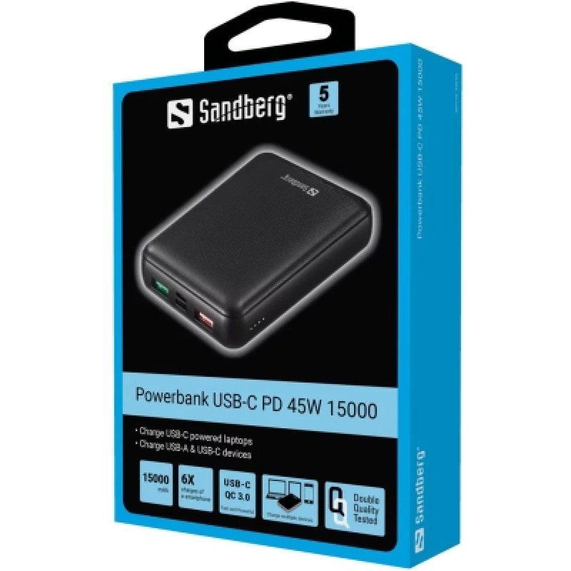 Портативний зарядний пристрій (павербанк) Sandberg 15000mAh PD/45W 20V/2.25A QC3.0 USB-C Micro-USB USB-A*2 (420-66)