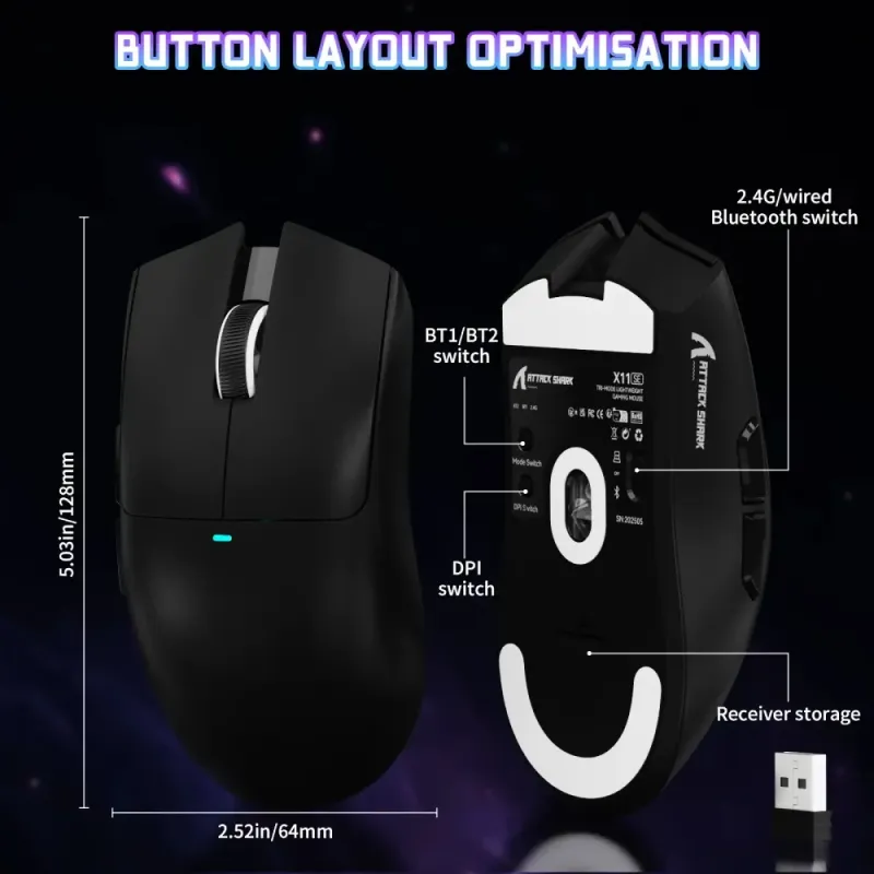 Компьютерная мышь Attack Shark X11SE, Wireless//Bluetooth, 22000dpi. (PAW3311), 6кн., Black (X11SEB_AS)