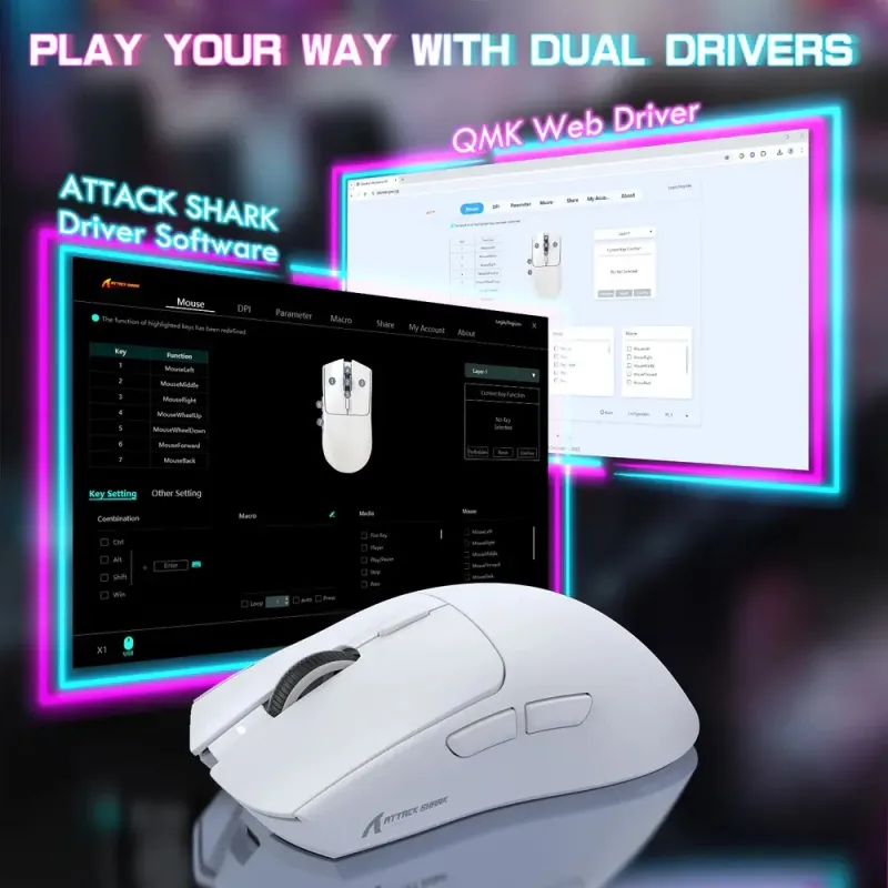 Компьютерная мышь Attack Shark X1, Wireless/Bluetooth, 40000dpi. (PAW3395PRO), 6кн., White (X1W_AS)
