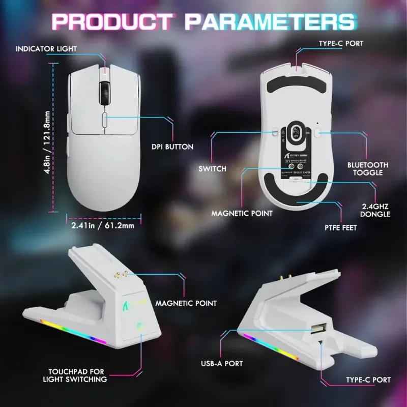 Компьютерная мышь Attack Shark X1, Wireless/Bluetooth, 40000dpi. (PAW3395PRO), 6кн., White (X1W_AS)