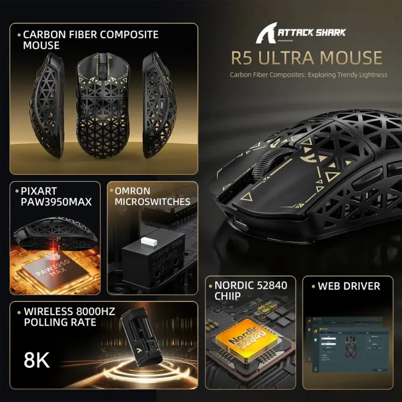 Компьютерная мышь Attack Shark R5 Ultra, Wireless, PAW3950MAX сенсор, 42000dpi., 6кн., Black (R5ULTRAB_AS)