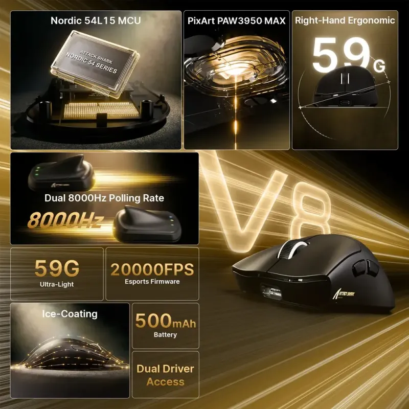 Компьютерная мышь Attack Shark V8 Ultra-Light, Wireless/Bluetooth, 42000dpi. (PAW3950MAX), 6кн., Black (V8B_AS)