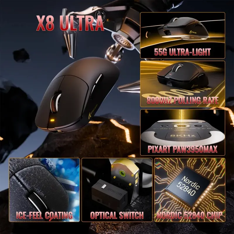 Компьютерная мышь Attack Shark X8 ULTRA, Wireless/Bluetooth, 42000dpi. (PAW3950MAX), 6кн., Black (X8ULTRAB_AS)