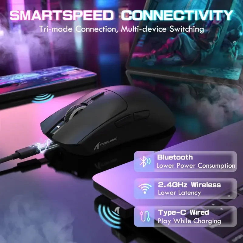 Компьютерная мышь Attack Shark X1, Wireless/Bluetooth, 40000dpi. (PAW3395PRO), 6кн., Black (X1B_AS)