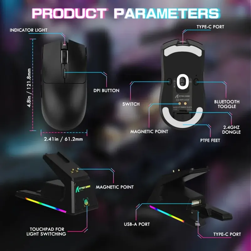 Компьютерная мышь Attack Shark X1, Wireless/Bluetooth, 40000dpi. (PAW3395PRO), 6кн., Black (X1B_AS)