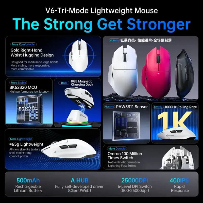 Компьютерная мышь Attack Shark V6 Ultra-Light, Wireless/Bluetooth, 25000dpi. (PAW3311), 7кн., Black (V6B_AS)